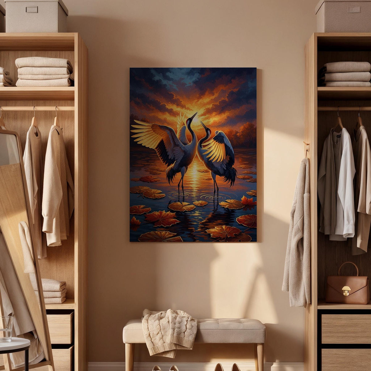 Crane Bird Canvas, Sunset Crane Wall Art, Dancing Crane Canvas Decor, Wildlife Nature Artwork, Elegant Bird Wall Decor, Canvas Wall Art