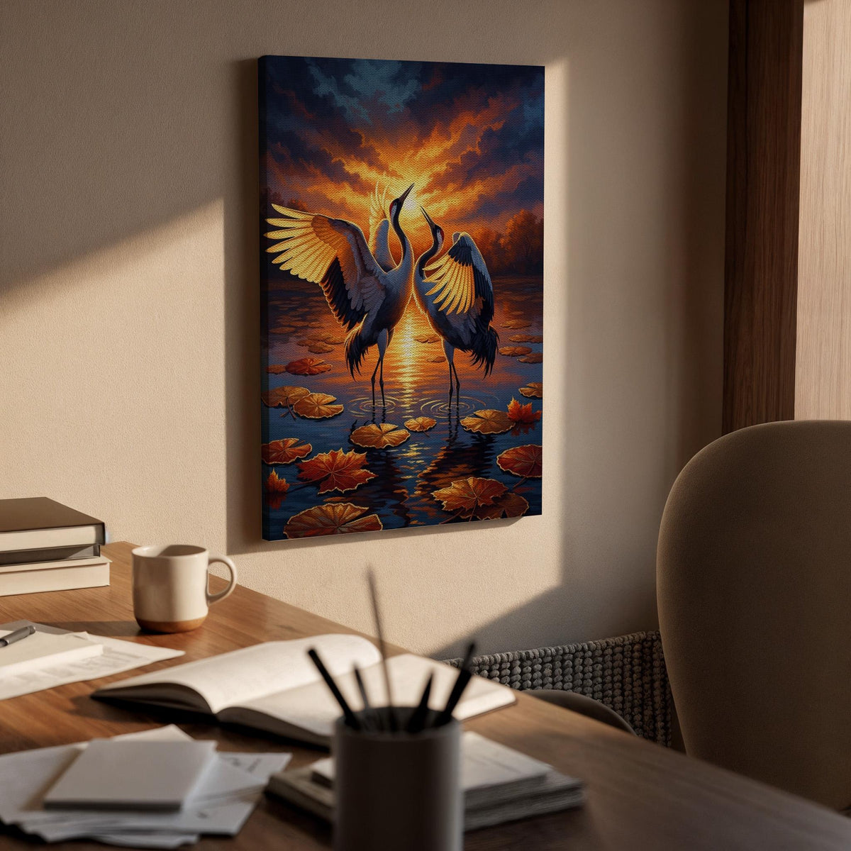 Crane Bird Canvas, Sunset Crane Wall Art, Dancing Crane Canvas Decor, Wildlife Nature Artwork, Elegant Bird Wall Decor, Canvas Wall Art