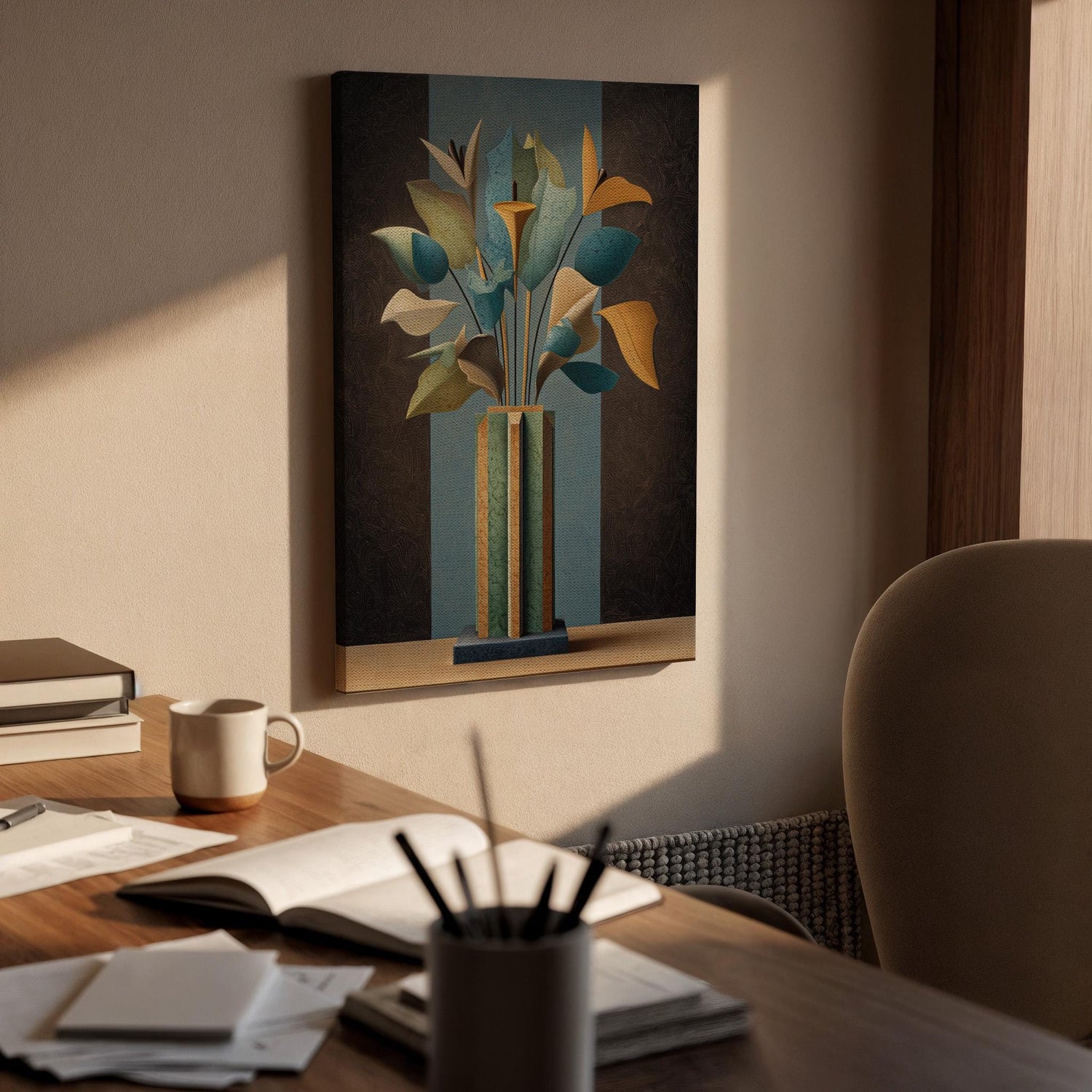 Abstract Floral Vase Canvas, Geometric Flower Canvas Wall Art, Modern Botanical Artwork, Contemporary Vase Flower Decor, Canvas Wall Art