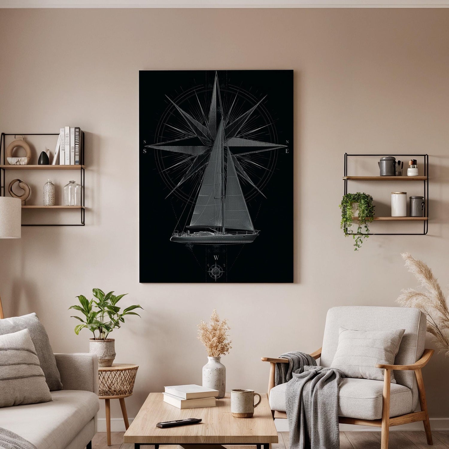Sailboat Compass Canvas, Nautical Sailboat Wall Art, Maritime Navigation Canvas Decor, Sailing Boat Artwork, Ocean Compass Wall Decor