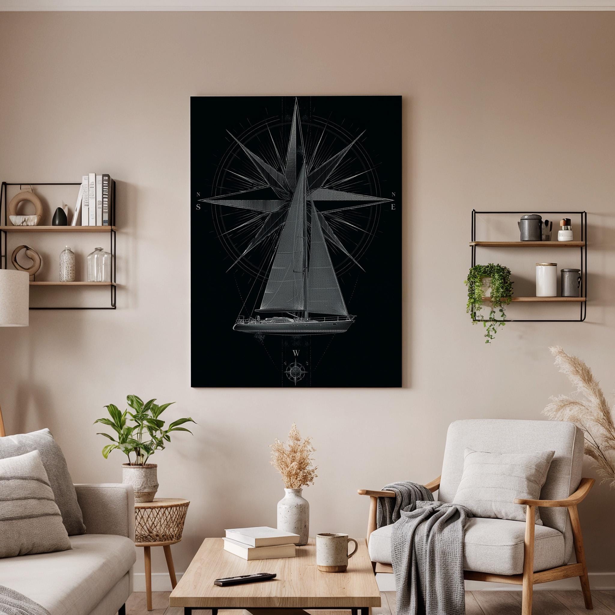 Sailboat Compass Canvas, Nautical Sailboat Wall Art, Maritime Navigation Canvas Decor, Sailing Boat Artwork, Ocean Compass Wall Decor