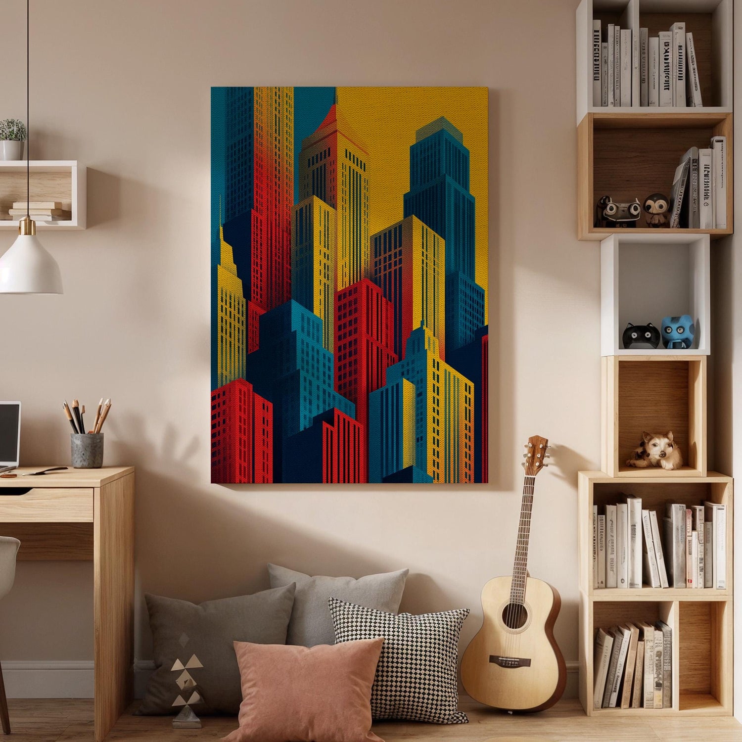 Abstract City Skyline Canvas Wall Art, Colorful Modern Cityscape Canvas Decor, Geometric Urban Building Artwork, Contemporary City Wall Art