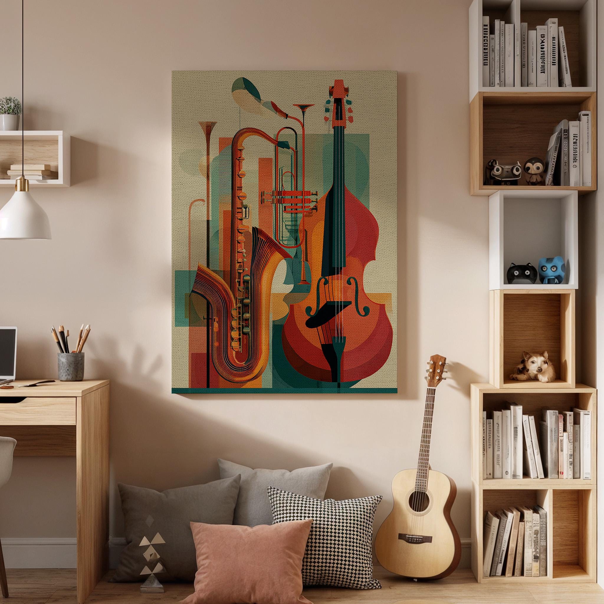 Jazz Instrument Canvas Wall Art, Abstract Music Instrument Canvas Decor, Saxophone Trumpet Bass Artwork, Modern Music Wall Decor, Home Art