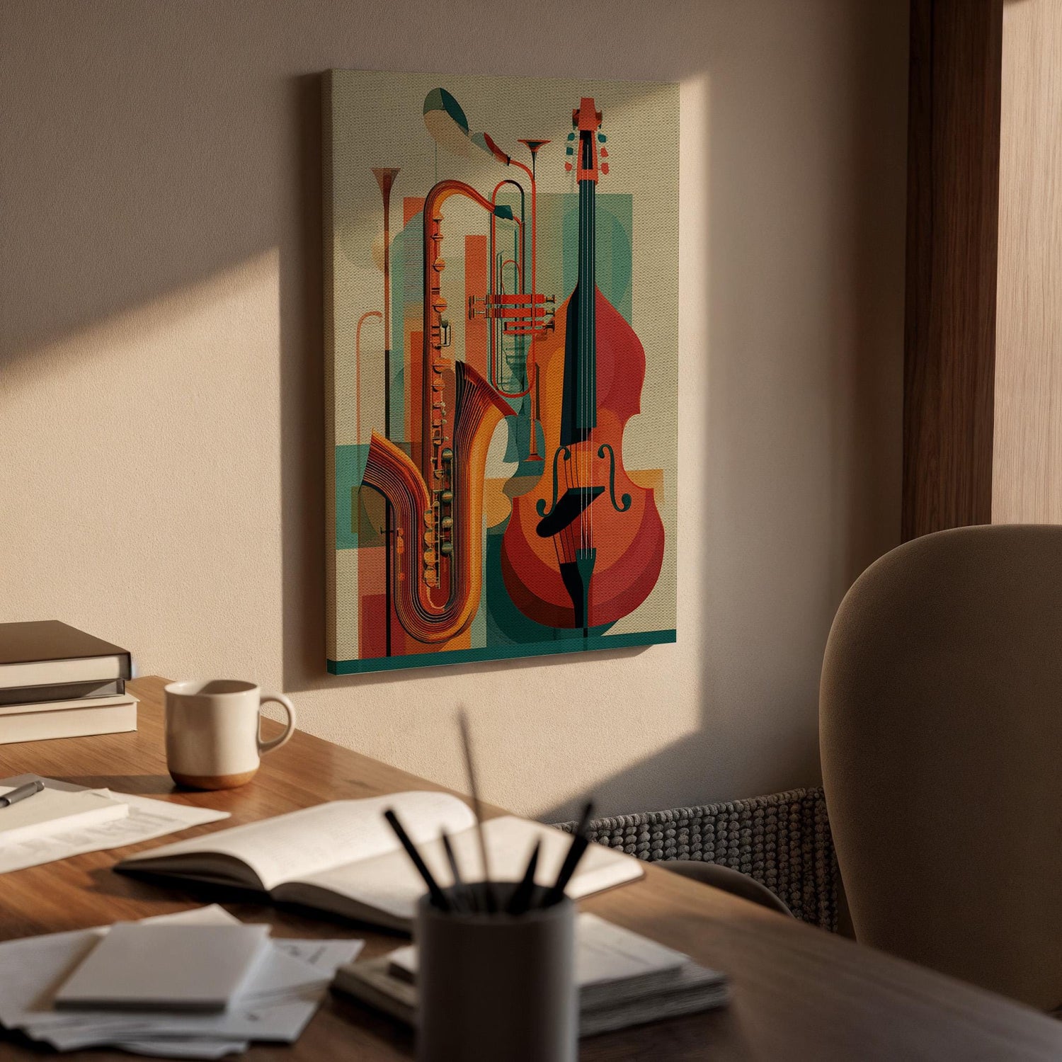 Jazz Instrument Canvas Wall Art, Abstract Music Instrument Canvas Decor, Saxophone Trumpet Bass Artwork, Modern Music Wall Decor, Home Art