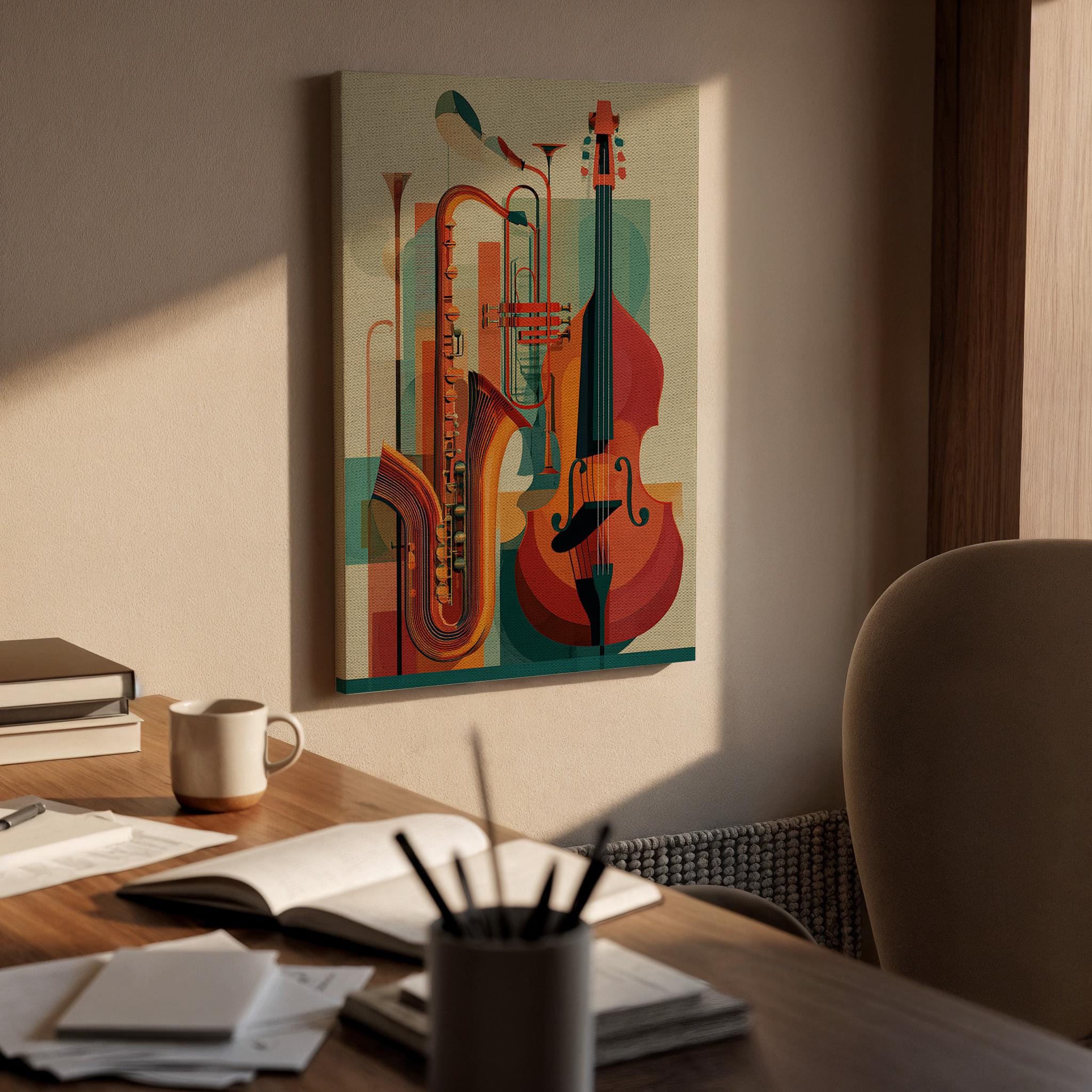 Jazz Instrument Canvas Wall Art, Abstract Music Instrument Canvas Decor, Saxophone Trumpet Bass Artwork, Modern Music Wall Decor, Home Art