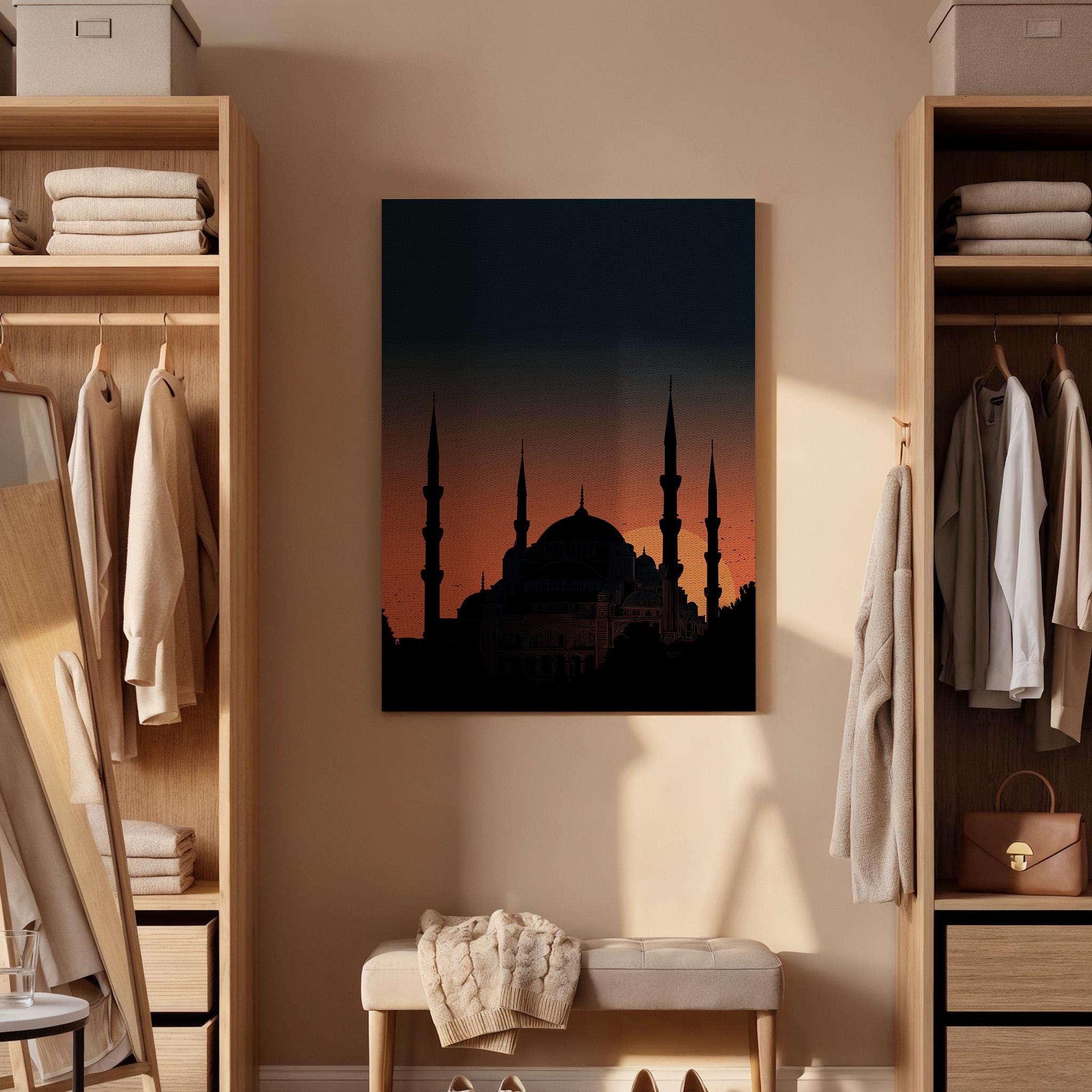 Blue Mosque Sunset Canvas Wall Art, Istanbul Skyline Canvas Decor, Hagia Sophia Style Mosque Silhouette Artwork, Islamic Architecture Art
