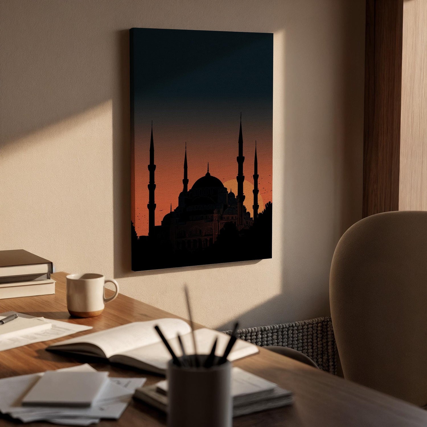 Blue Mosque Sunset Canvas Wall Art, Istanbul Skyline Canvas Decor, Hagia Sophia Style Mosque Silhouette Artwork, Islamic Architecture Art