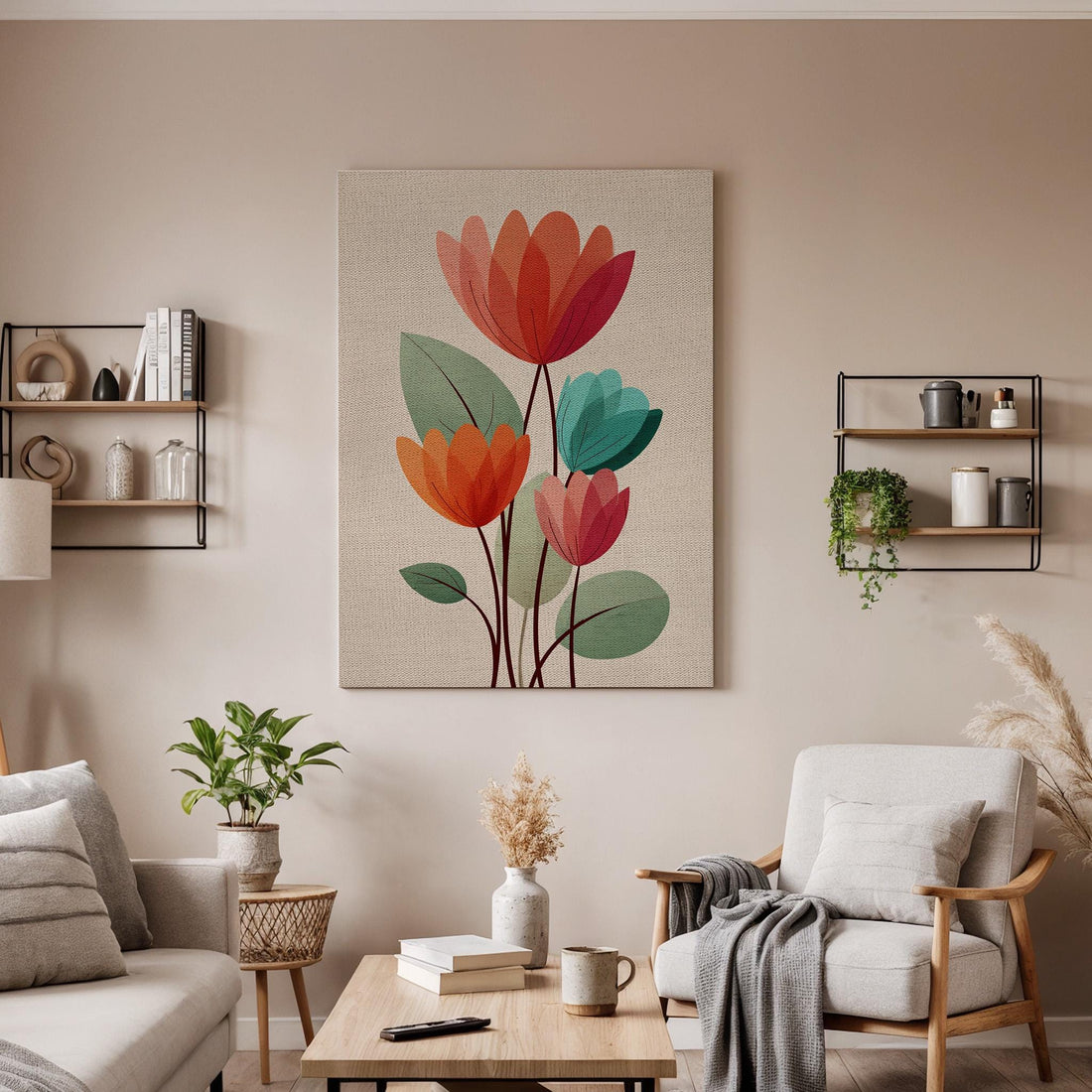 Minimalist Flower Canvas Wall Art, Modern Botanical Canvas Decor, Scandinavian Floral Artwork, Colorful Minimal Flower Wall Decor, Home Art