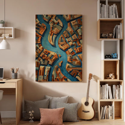 Abstract City Map Canvas Wall Art, Modern Aerial City Canvas Decor, Urban River Map Artwork, Geometric Cityscape Wall Decor, New Home Gift