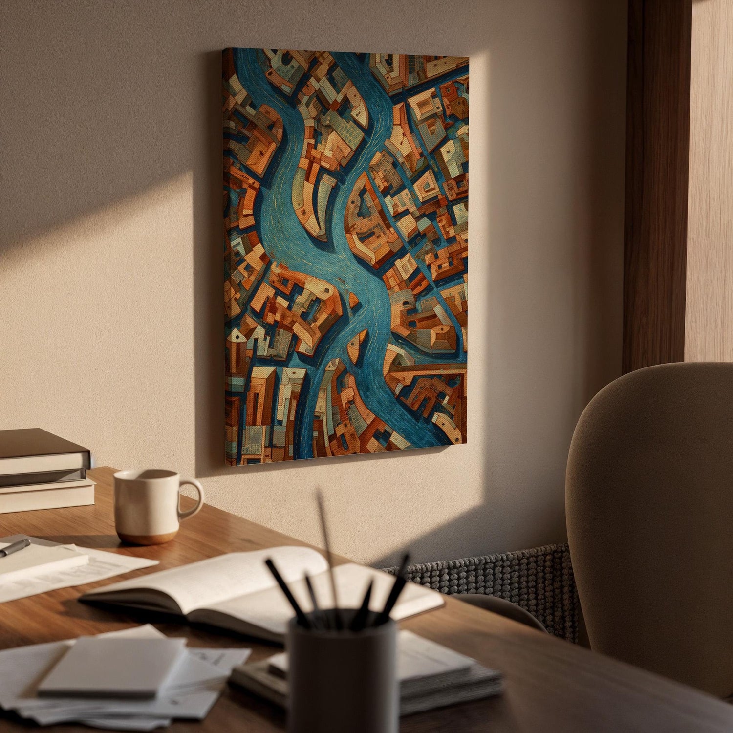 Abstract City Map Canvas Wall Art, Modern Aerial City Canvas Decor, Urban River Map Artwork, Geometric Cityscape Wall Decor, New Home Gift
