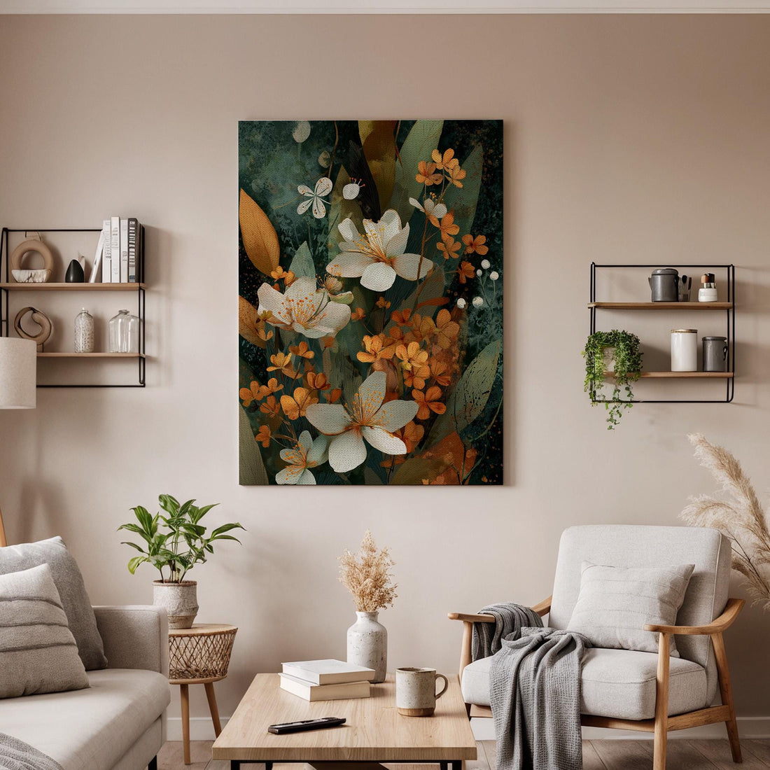 Vintage Botanical Flower Canvas Wall Art, Elegant Floral Canvas Decor, Nature Inspired Blossom Artwork, Dark Botanical Wall Decor, Home Art