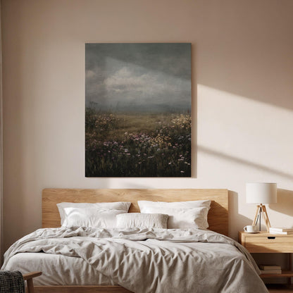 Moody Wildflower Meadow Canvas Wall Art, Atmospheric Landscape Canvas Decor, Foggy Field Nature Artwork, Rustic Wall Decor, New Home Gift