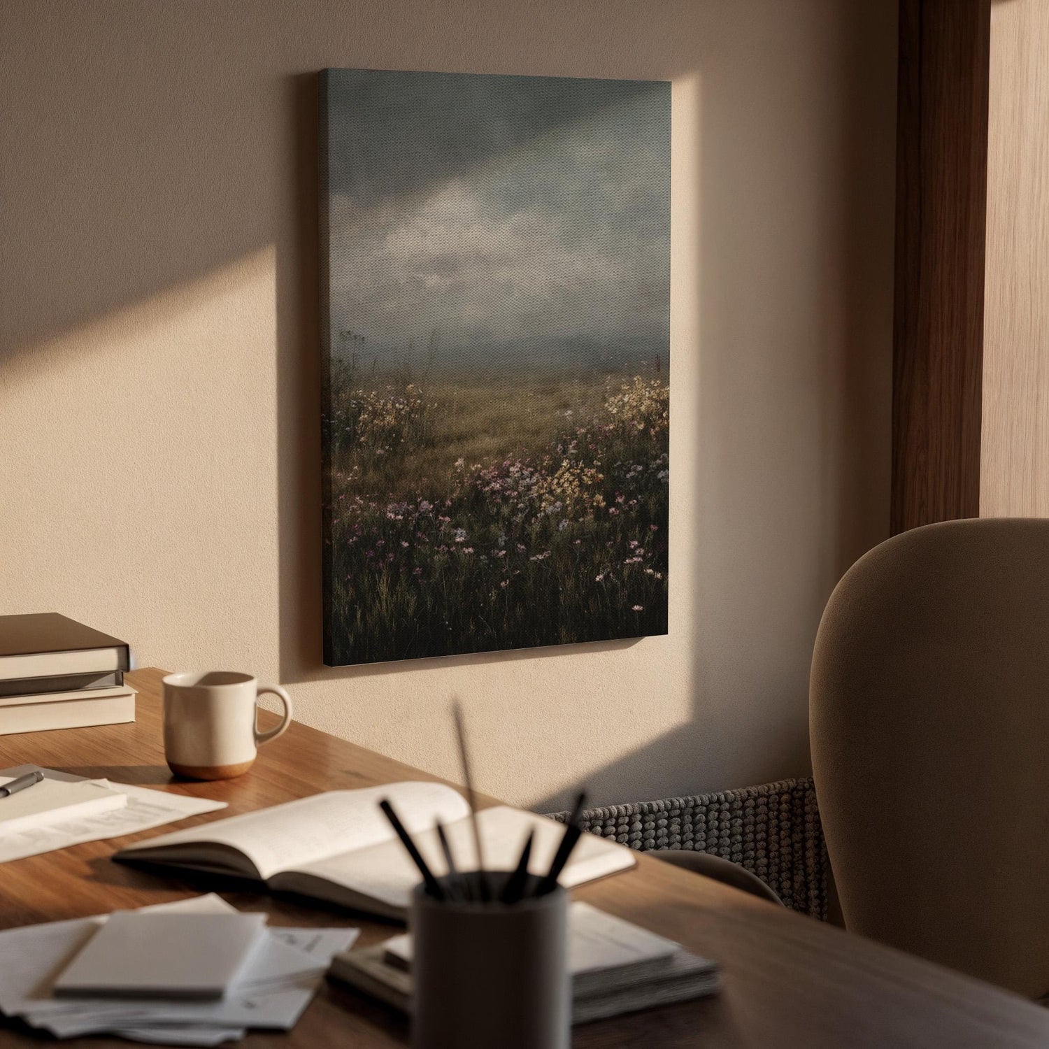 Moody Wildflower Meadow Canvas Wall Art, Atmospheric Landscape Canvas Decor, Foggy Field Nature Artwork, Rustic Wall Decor, New Home Gift