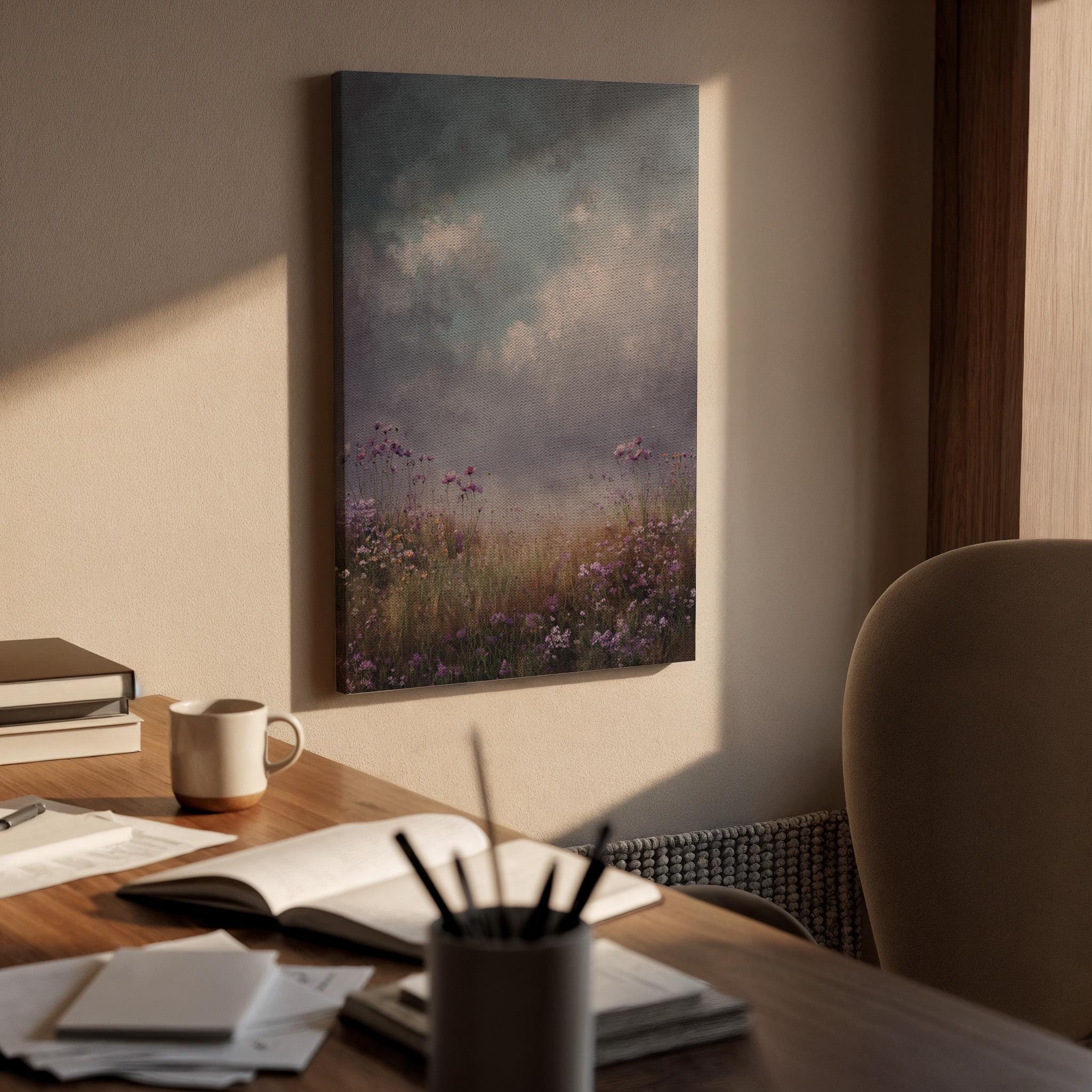 Moody Wildflower Meadow Canvas Wall Art, Dramatic Sky Landscape Canvas Decor, Rustic Field Nature Artwork, Atmospheric Wall Decor, Home Art
