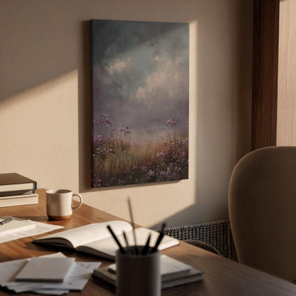 Moody Wildflower Meadow Canvas Wall Art, Dramatic Sky Landscape Canvas Decor, Rustic Field Nature Artwork, Atmospheric Wall Decor, Home Art