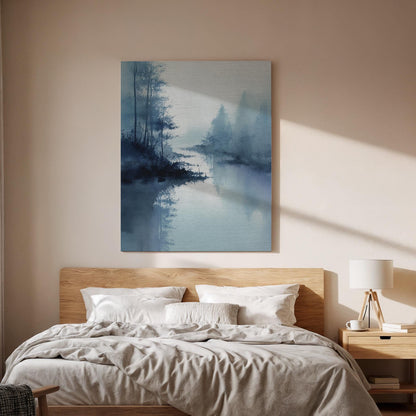 Misty Lake Landscape Canvas Wall Art, Minimalist Foggy Nature Canvas Decor, Blue Forest Lake Artwork, Calm Scenic Wall Decor, New Home Gift