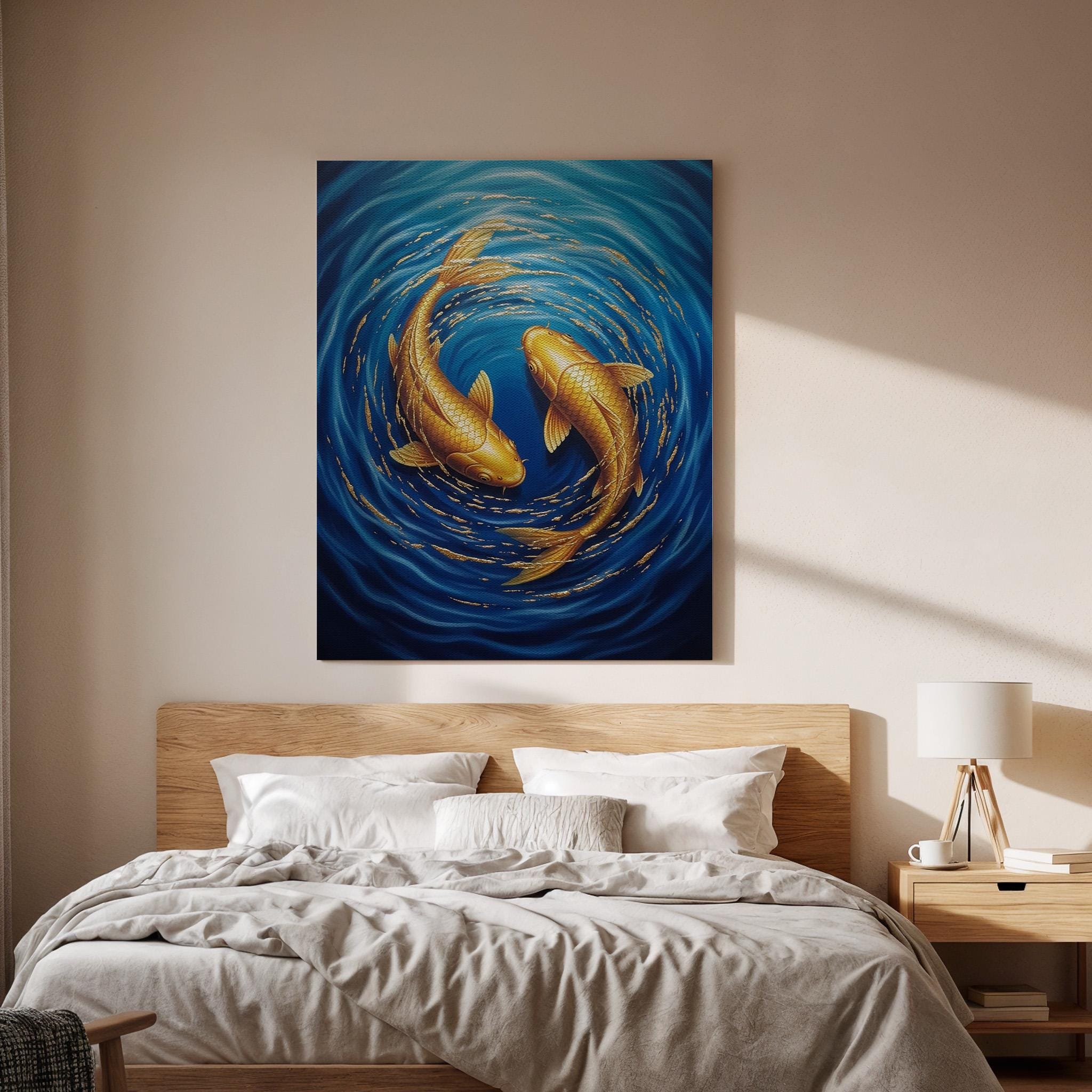 Golden Koi Fish Canvas Wall Art, Yin Yang Koi Canvas Decor, Japanese Style Fish Artwork, Zen Water Art for Living Room, Canvas Wall Decor