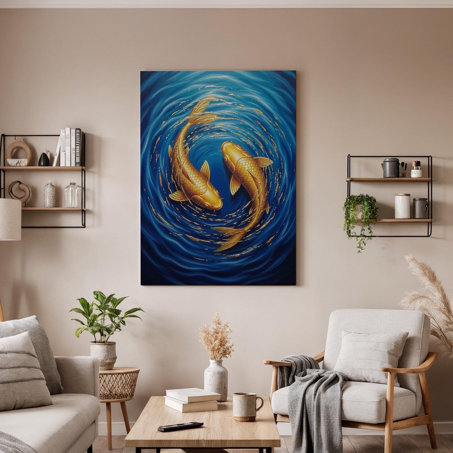 Golden Koi Fish Canvas Wall Art, Yin Yang Koi Canvas Decor, Japanese Style Fish Artwork, Zen Water Art for Living Room, Canvas Wall Decor