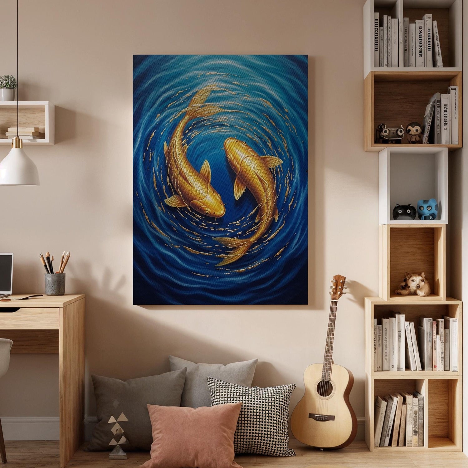 Golden Koi Fish Canvas Wall Art, Yin Yang Koi Canvas Decor, Japanese Style Fish Artwork, Zen Water Art for Living Room, Canvas Wall Decor