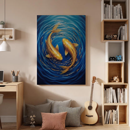 Golden Koi Fish Canvas Wall Art, Yin Yang Koi Canvas Decor, Japanese Style Fish Artwork, Zen Water Art for Living Room, Canvas Wall Decor