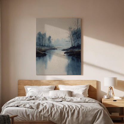 Misty River Landscape Canvas Wall Art, Foggy Forest Lake Canvas Decor, Minimalist Nature Landscape Artwork, Calm Scenic Wall Decor