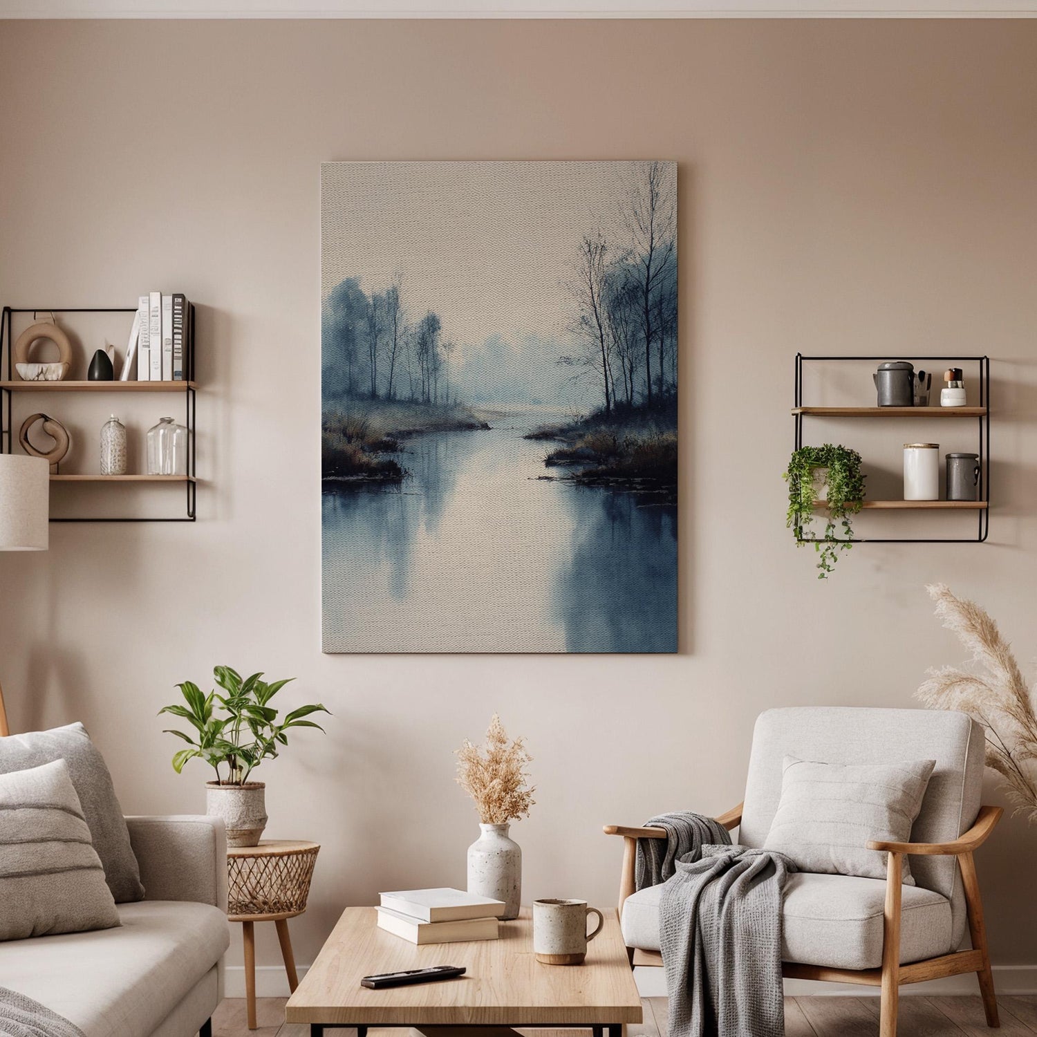 Misty River Landscape Canvas Wall Art, Foggy Forest Lake Canvas Decor, Minimalist Nature Landscape Artwork, Calm Scenic Wall Decor
