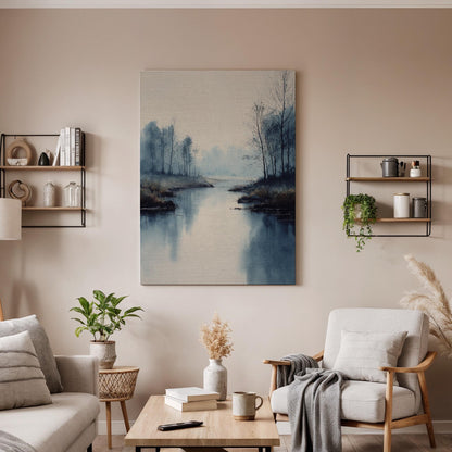 Misty River Landscape Canvas Wall Art, Foggy Forest Lake Canvas Decor, Minimalist Nature Landscape Artwork, Calm Scenic Wall Decor