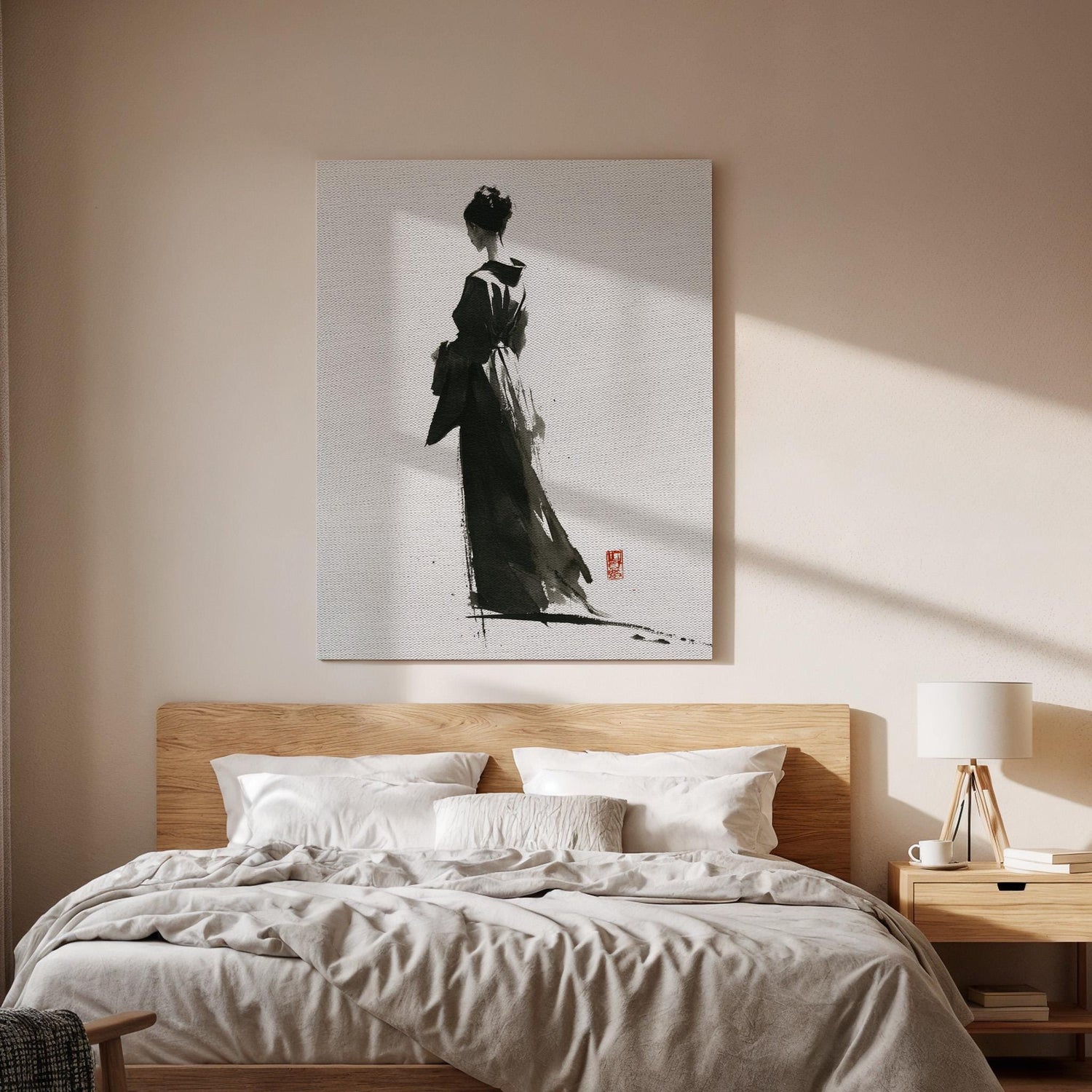 Japanese Ink Woman Canvas Wall Art, Minimalist Samurai Lady Painting, Traditional Asian Brush Art Decor, Zen Black White Canvas, Home Art