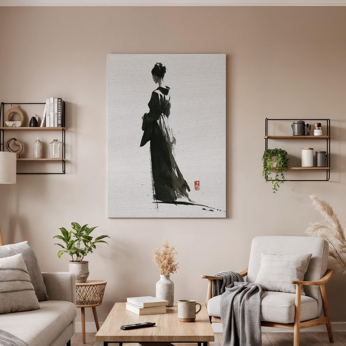 Japanese Ink Woman Canvas Wall Art, Minimalist Samurai Lady Painting, Traditional Asian Brush Art Decor, Zen Black White Canvas, Home Art