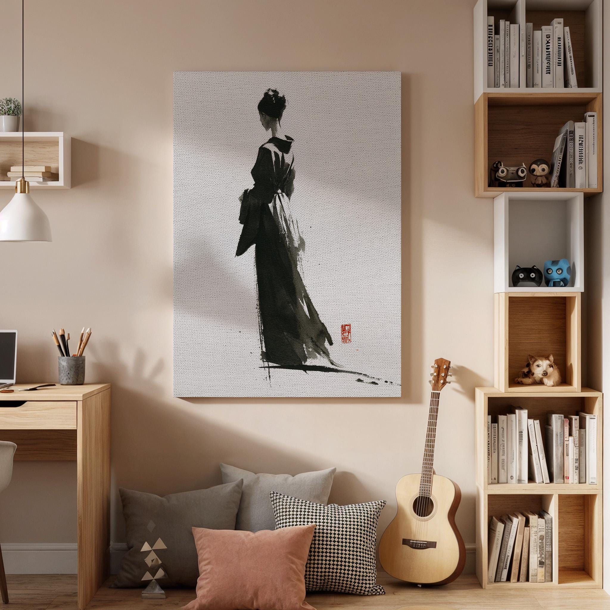 Japanese Ink Woman Canvas Wall Art, Minimalist Samurai Lady Painting, Traditional Asian Brush Art Decor, Zen Black White Canvas, Home Art