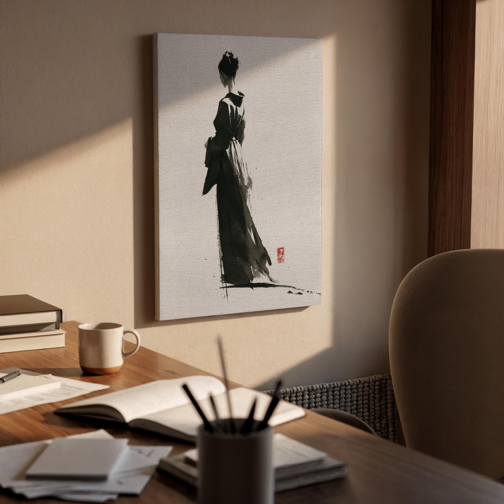 Japanese Ink Woman Canvas Wall Art, Minimalist Samurai Lady Painting, Traditional Asian Brush Art Decor, Zen Black White Canvas, Home Art