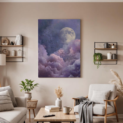 Moon Cloud Canvas Wall Art, Dreamy Night Sky Canvas Decor, Purple Cloudscape Moon Painting, Surreal Celestial Wall Art, Canvas Wall Art