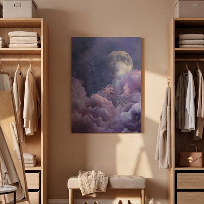 Moon Cloud Canvas Wall Art, Dreamy Night Sky Canvas Decor, Purple Cloudscape Moon Painting, Surreal Celestial Wall Art, Canvas Wall Art
