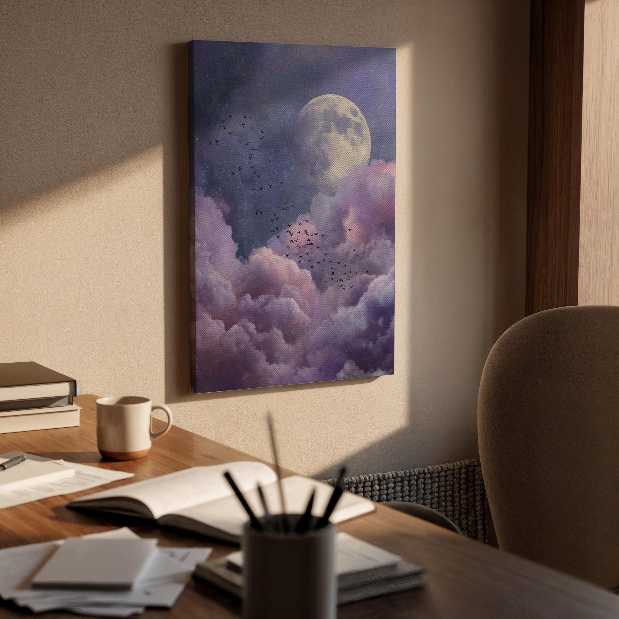 Moon Cloud Canvas Wall Art, Dreamy Night Sky Canvas Decor, Purple Cloudscape Moon Painting, Surreal Celestial Wall Art, Canvas Wall Art