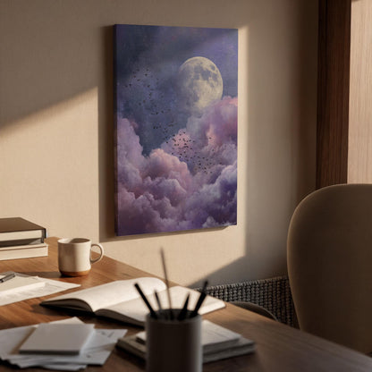 Moon Cloud Canvas Wall Art, Dreamy Night Sky Canvas Decor, Purple Cloudscape Moon Painting, Surreal Celestial Wall Art, Canvas Wall Art
