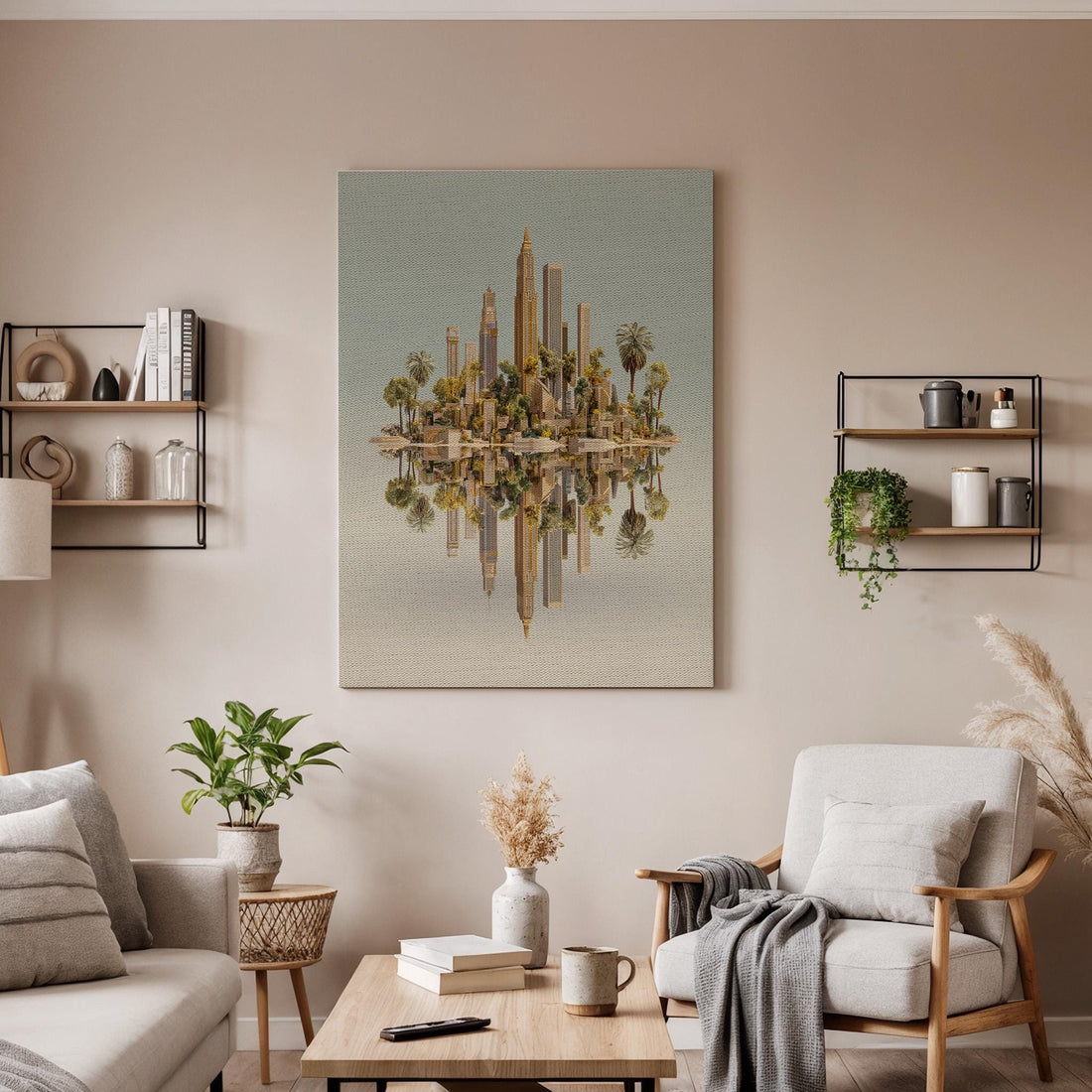 Floating City Canvas Wall Art, Surreal Island Skyline Canvas Decor, Modern Golden Cityscape Artwork, Fantasy Architecture Wall Art