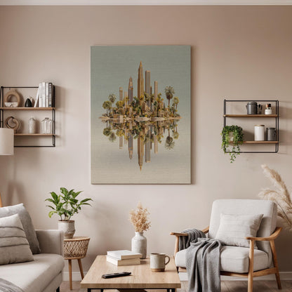 Floating City Canvas Wall Art, Surreal Island Skyline Canvas Decor, Modern Golden Cityscape Artwork, Fantasy Architecture Wall Art