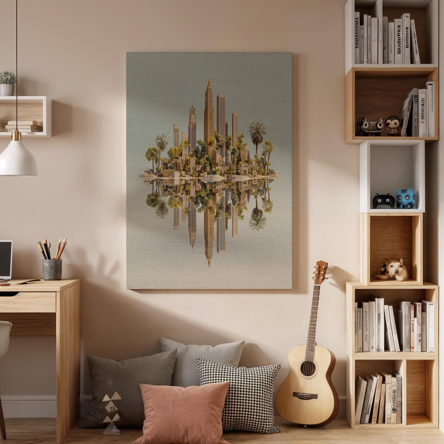 Floating City Canvas Wall Art, Surreal Island Skyline Canvas Decor, Modern Golden Cityscape Artwork, Fantasy Architecture Wall Art
