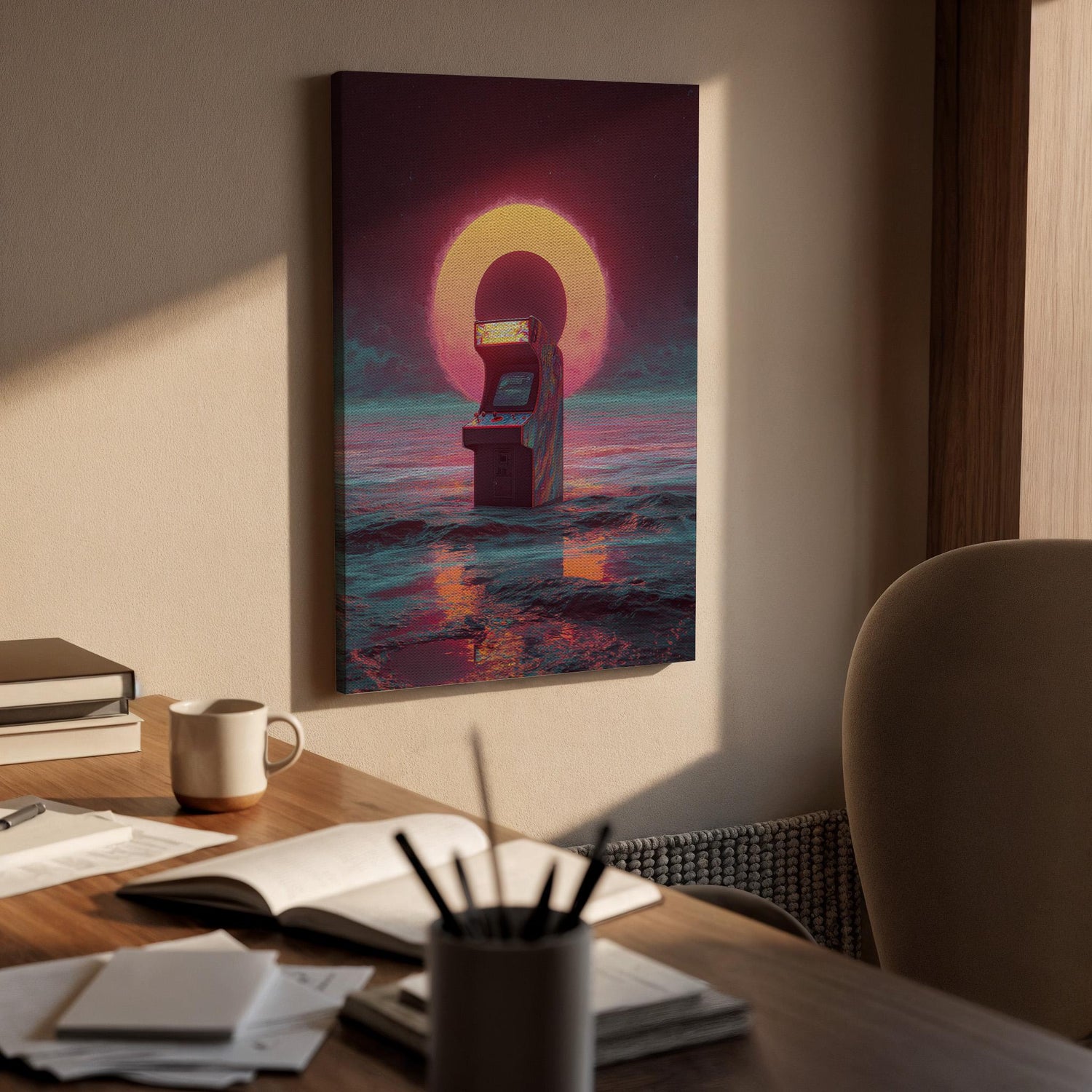 Retro Arcade Machine Canvas Wall Art, Synthwave Sunset Gaming Canvas Decor, Vaporwave Ocean Arcade Artwork, 80s Neon Gamer Wall Art