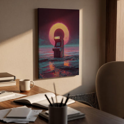 Retro Arcade Machine Canvas Wall Art, Synthwave Sunset Gaming Canvas Decor, Vaporwave Ocean Arcade Artwork, 80s Neon Gamer Wall Art