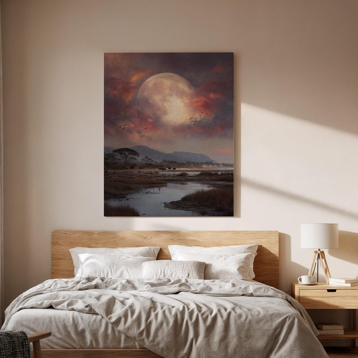 Savanna Moon Landscape Canvas Wall Art, African Sunset Wildlife Canvas Decor, Safari Nature Painting, Dramatic Moon Sky Artwork, Home Decor