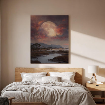 Savanna Moon Landscape Canvas Wall Art, African Sunset Wildlife Canvas Decor, Safari Nature Painting, Dramatic Moon Sky Artwork, Home Decor
