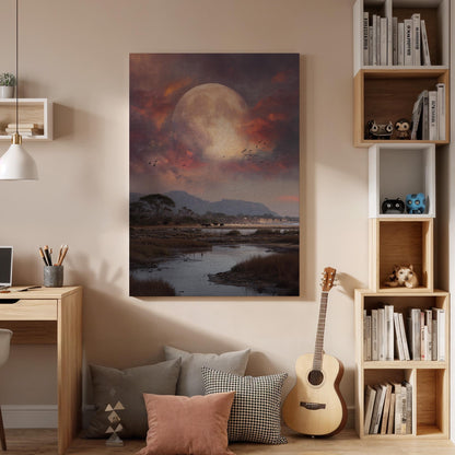 Savanna Moon Landscape Canvas Wall Art, African Sunset Wildlife Canvas Decor, Safari Nature Painting, Dramatic Moon Sky Artwork, Home Decor