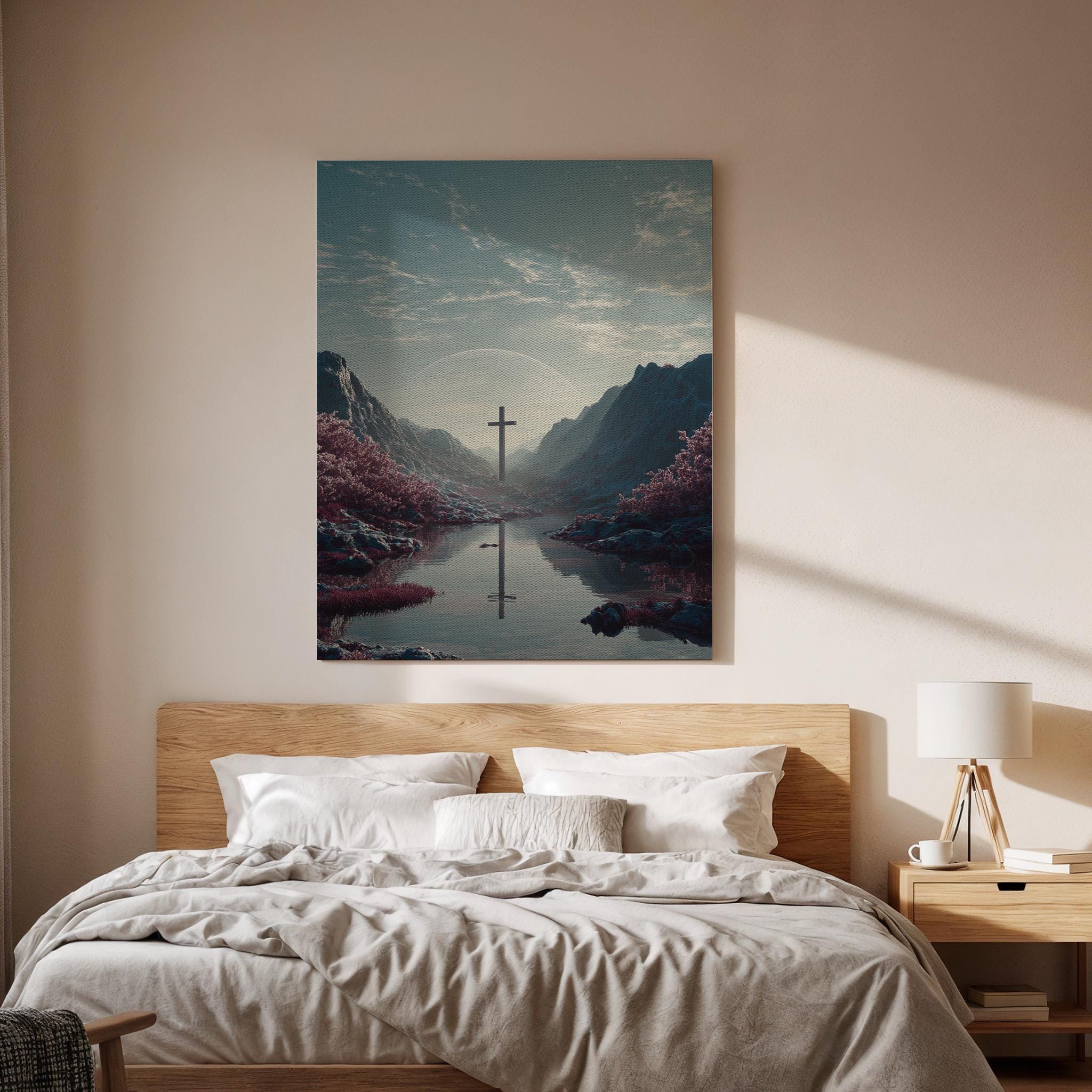 Christian Cross Canvas Wall Art, Faith Landscape Canvas Decor, Spiritual Mountain Cross Artwork, Religious Reflection Wall Art, New Home Art