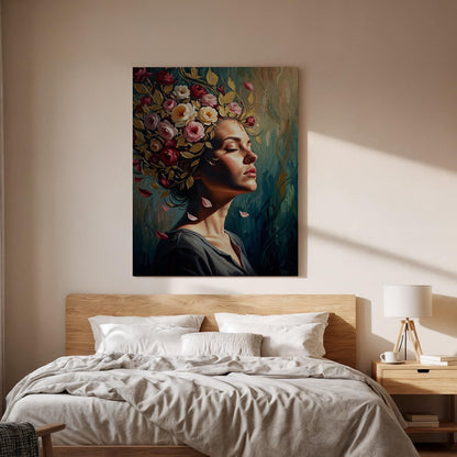 Floral Woman Portrait Canvas Wall Art, Botanical Female Portrait Canvas Decor, Elegant Flower Crown Artwork, Artistic Feminine Wall Art
