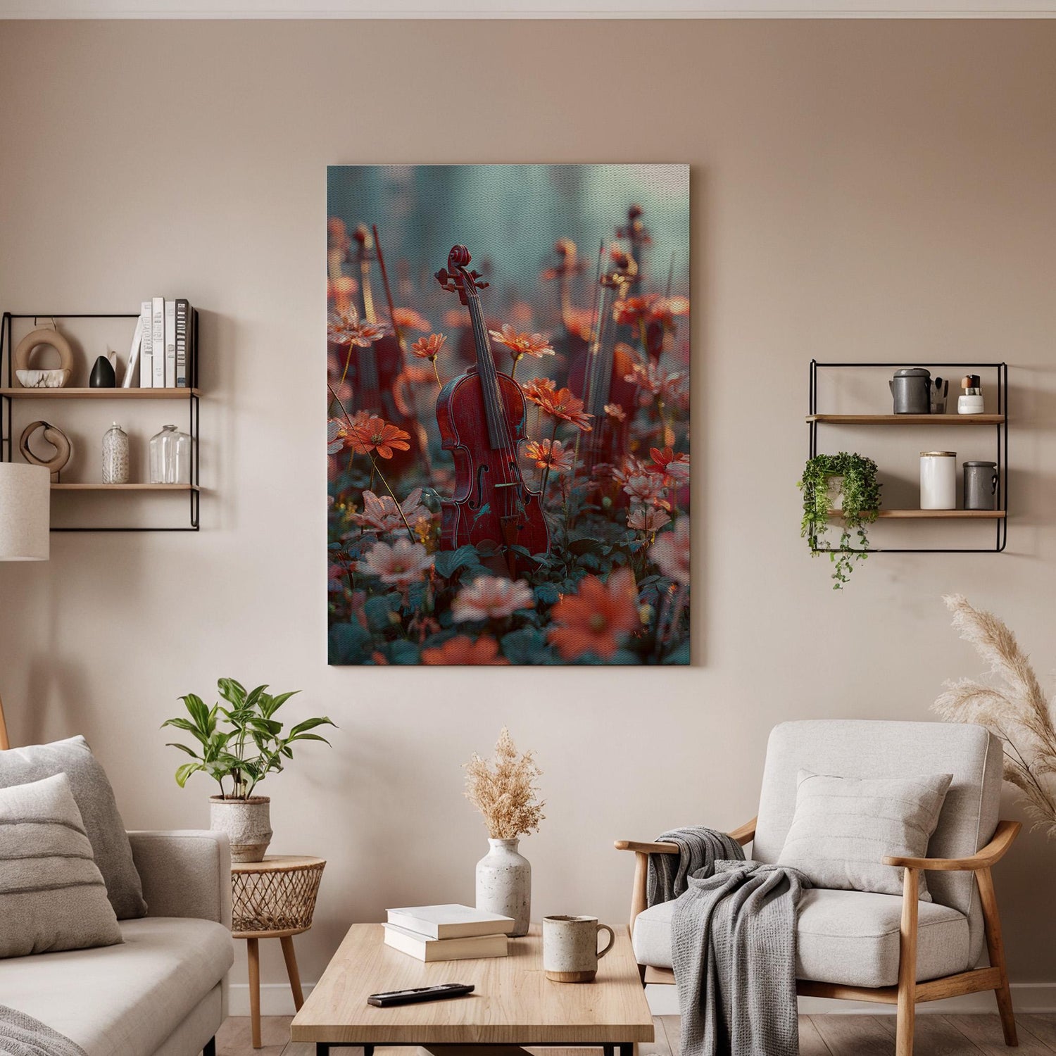 Violin Canvas Wall Art, Classical Music Instrument Canvas Decor, Romantic Floral Violin Artwork, Elegant Music Lover Wall Art, New Home Gift