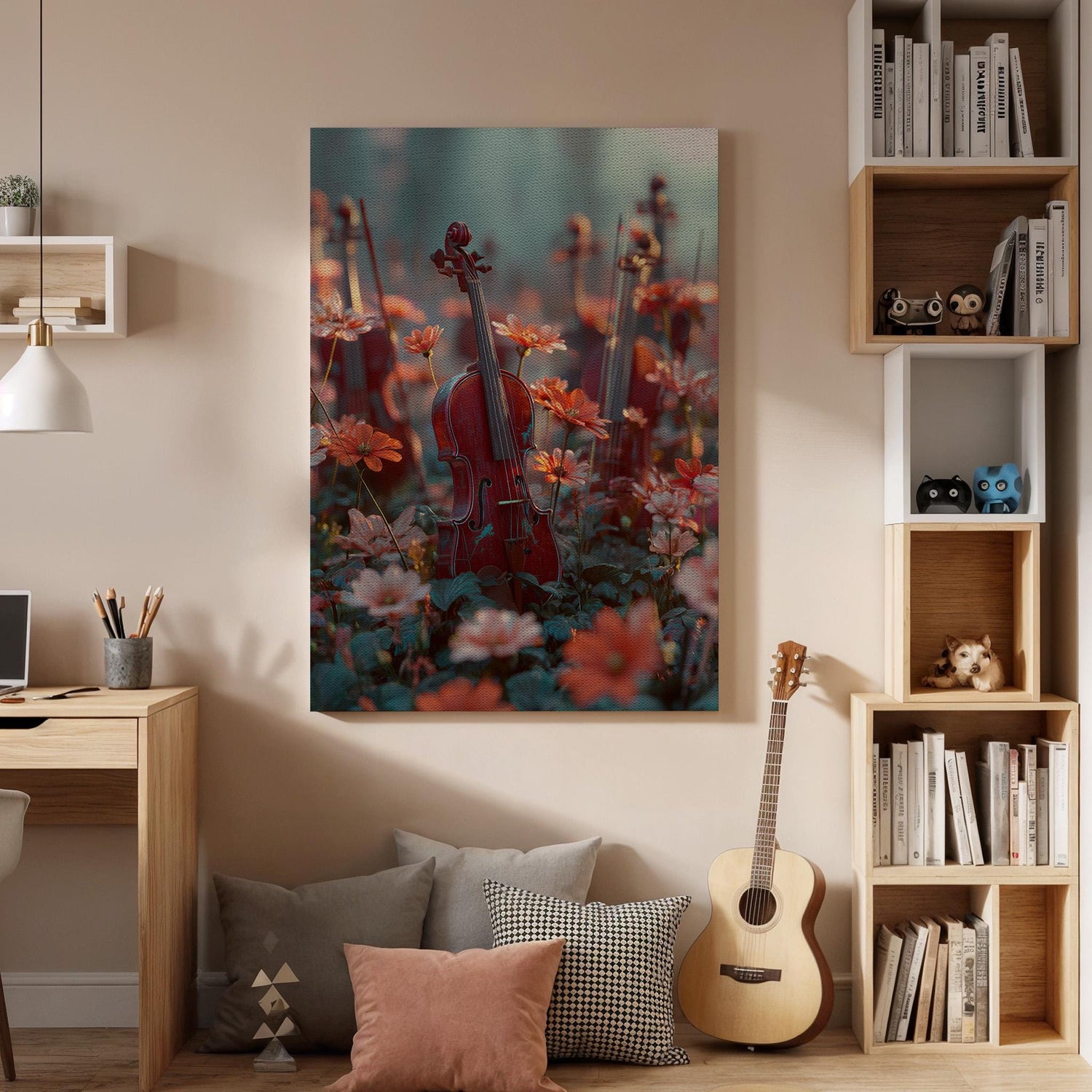 Violin Canvas Wall Art, Classical Music Instrument Canvas Decor, Romantic Floral Violin Artwork, Elegant Music Lover Wall Art, New Home Gift