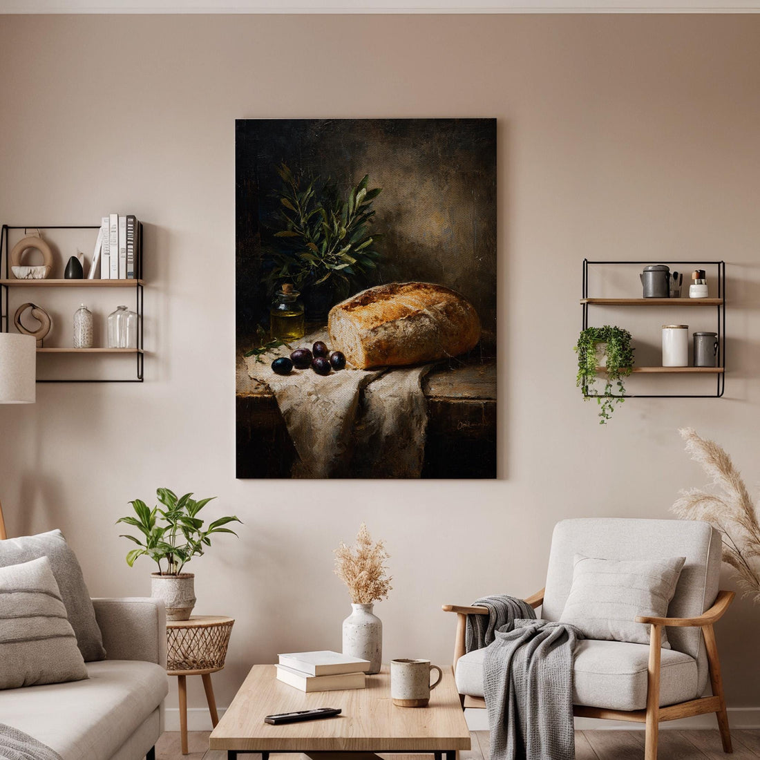 Still Life Canvas Wall Art, Rustic Bread and Olive Oil Decor, Vintage Kitchen Artwork, Mediterranean Still Life Canvas, Olive and Bread Art