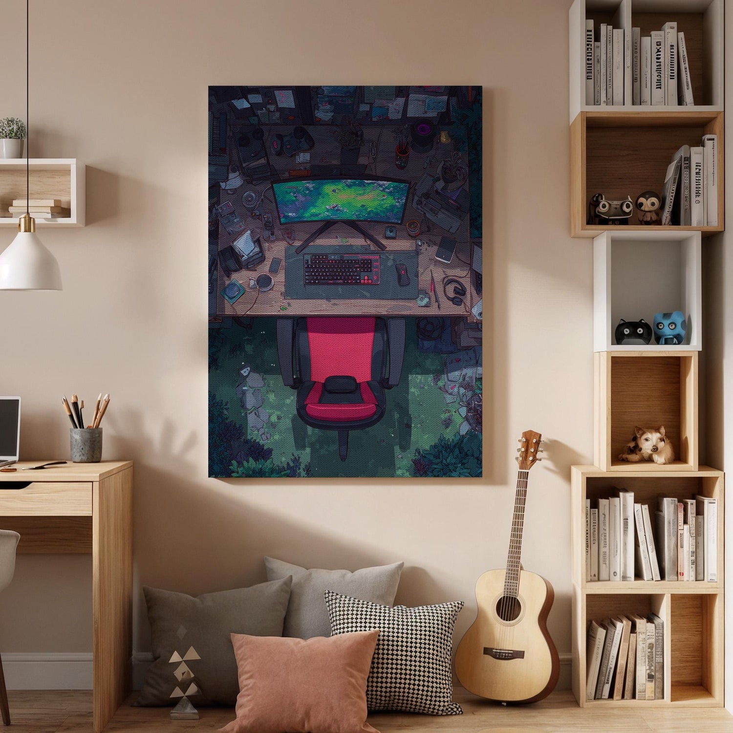 Gamer Desk Canvas Wall Art, Modern Gaming Setup Artwork, Virtual Reality Office Decor, Gaming Room Canvas Art, Tech-Inspired Wall Art