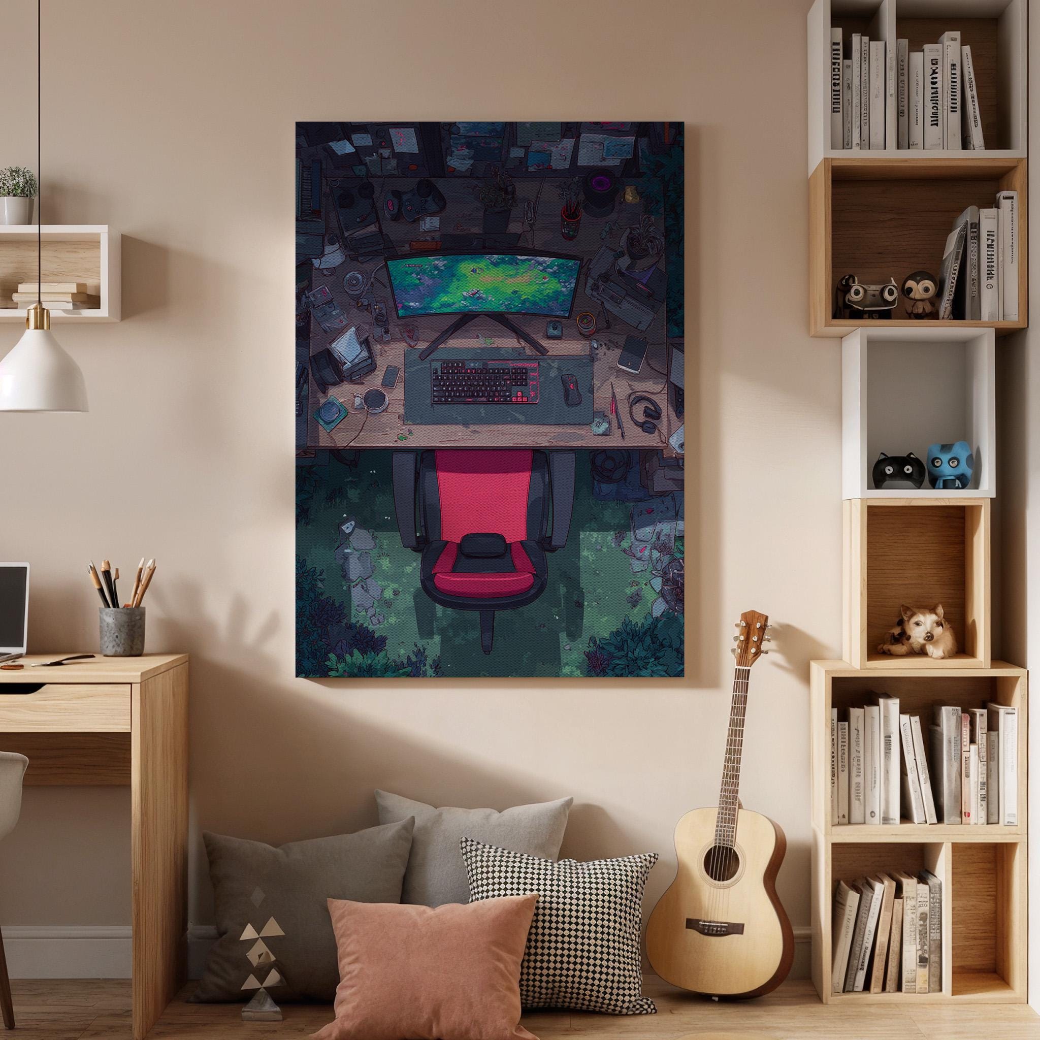 Gamer Desk Canvas Wall Art, Modern Gaming Setup Artwork, Virtual Reality Office Decor, Gaming Room Canvas Art, Tech-Inspired Wall Art